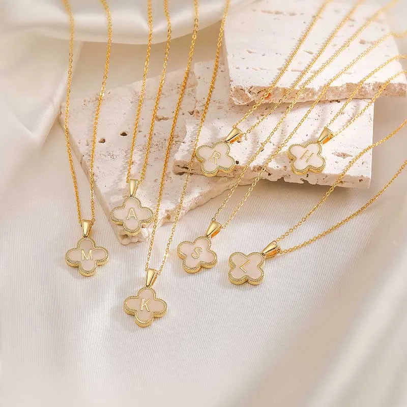 Lucky 4 Leaf Clover Engraved Letter Necklace