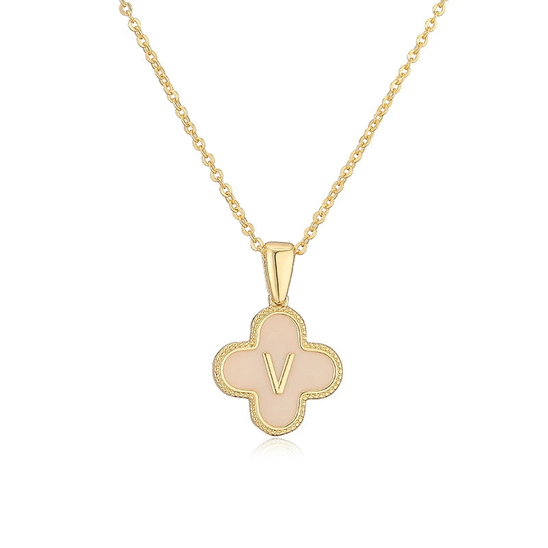 Lucky 4 Leaf Clover Engraved Letter Necklace