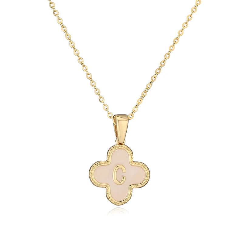 Lucky 4 Leaf Clover Engraved Letter Necklace